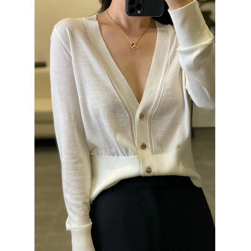 Elegante cardigã de cashmere tricotado feminino, suéter elegante, casaco fino de lã curta, decote em v, primavera e outono