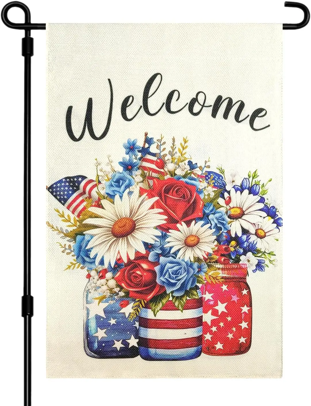 HEIPINIUYE 4th of July Welcome Garden Flag 12×18 Inch Double Sided Burlap Yard Flag for Independence Day Holiday Outside Decorat