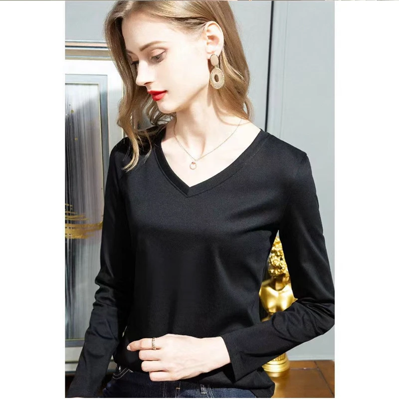 Spring/Summer 100% Mercerized Cotton V-Neck T-Shirt Women's Long Sleeve Loose Plus Size Solid Color Bottoming Shirt