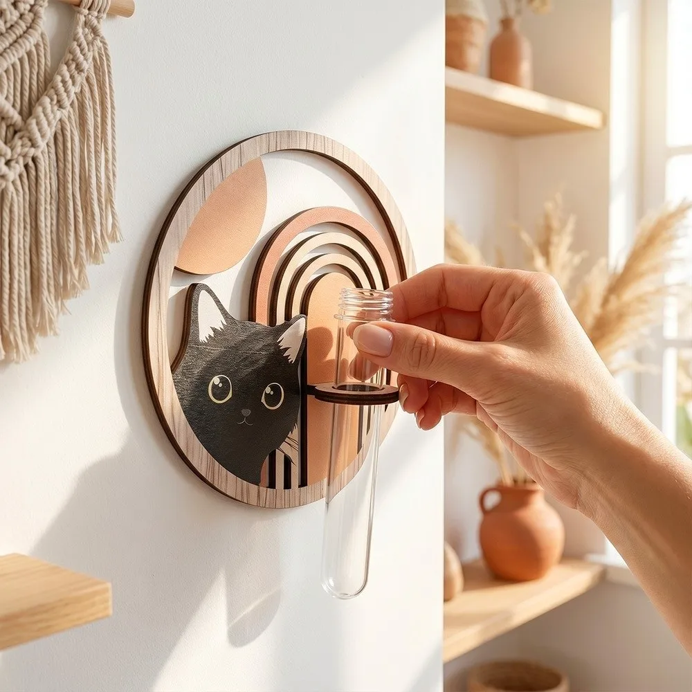 Wooden Lantern Planter Holder Home Ornaments Geometric Round Wall Mounted Planter Vase Cartoon Black Cat Wall Decoration