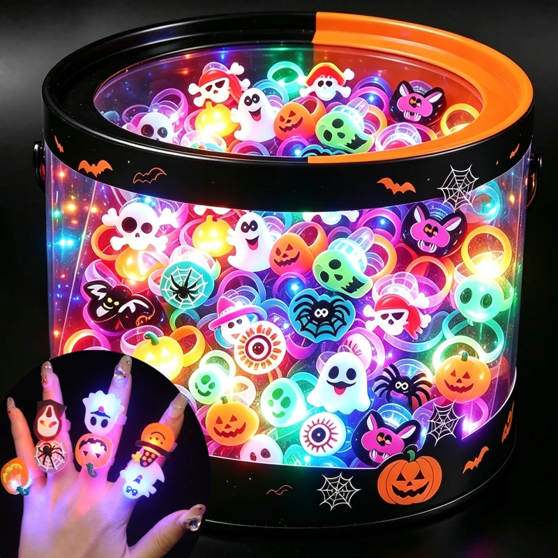 10-50Pcs LED Glowing Halloween Finger Rings Pumpkin Skull Spider Luminous Rings Children Party Favor Toys Gifts