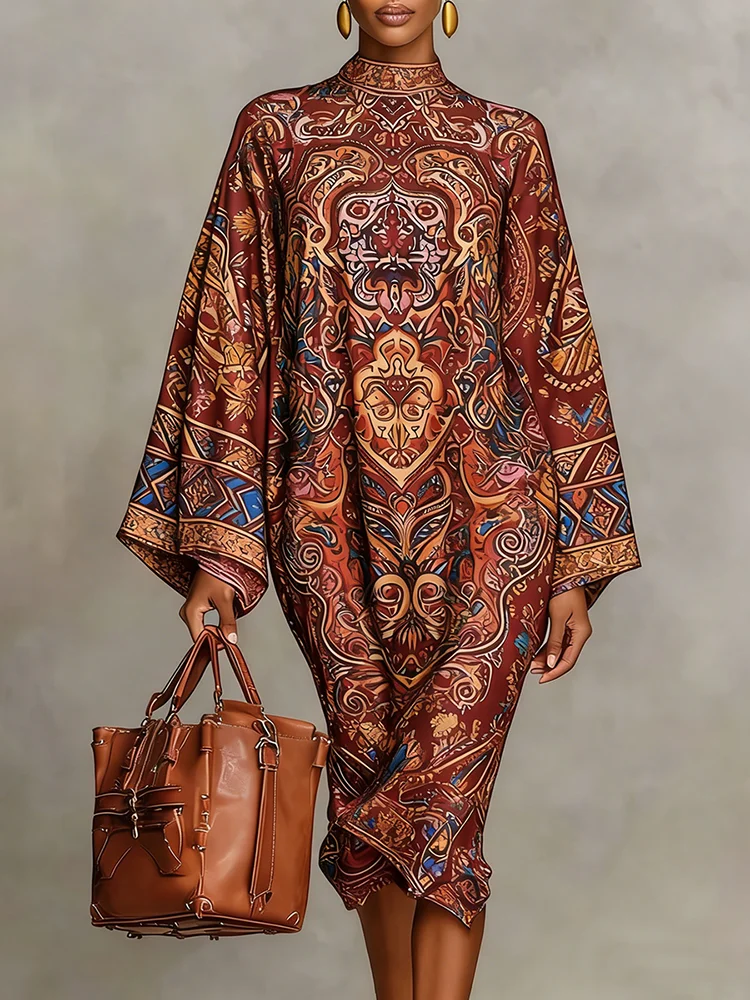 Yeezzi 2026 New Retro Classic Printed Party Evening Midi Dresses Loose Batwing Sleeves Elegant Ramadan Church Kaftan Dress Robe