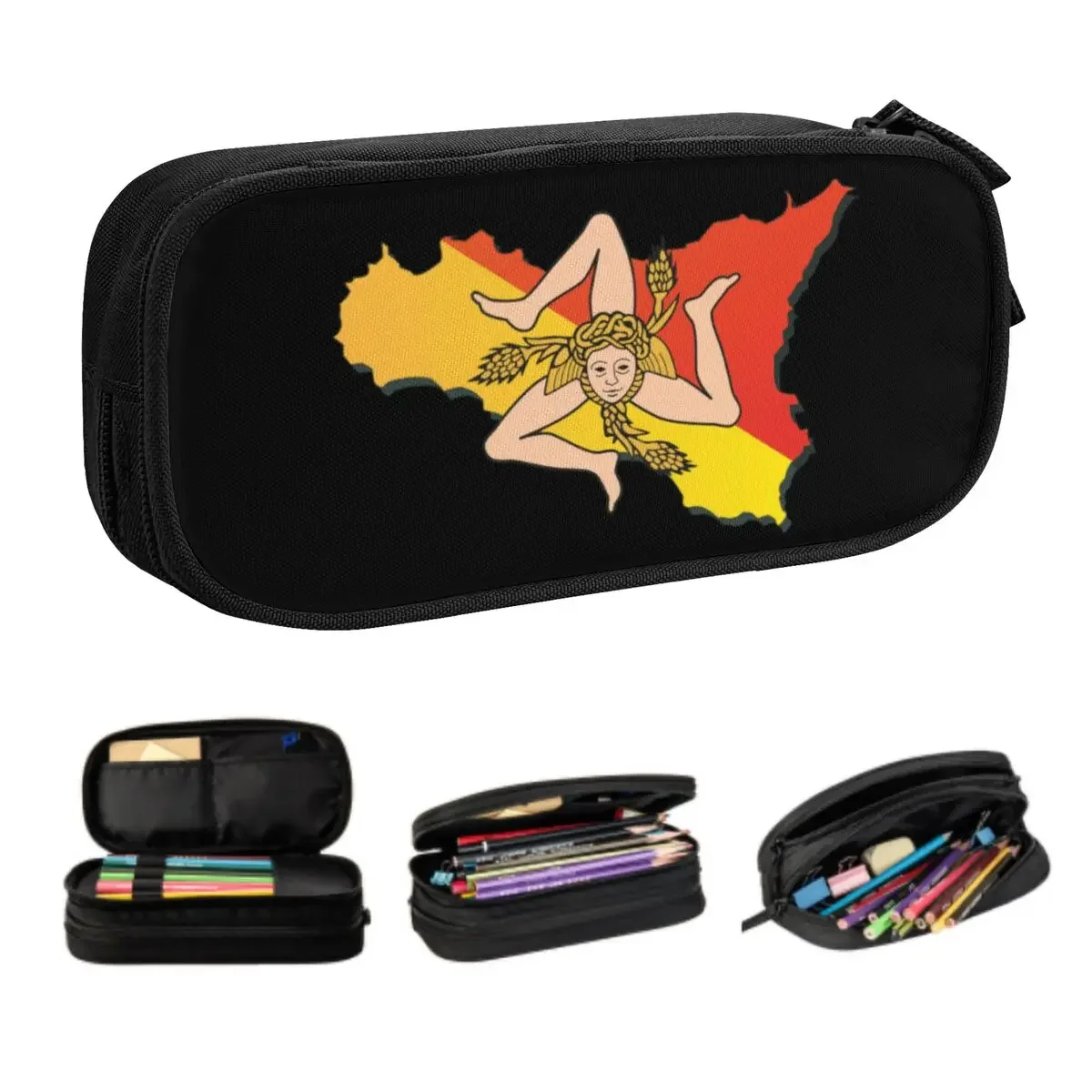 Custom Cute Sicily Sicilia Flag Map Pencil Cases for Boy Girl Large Storage Italian Sicilian Pride Pencil Bag School Supplies