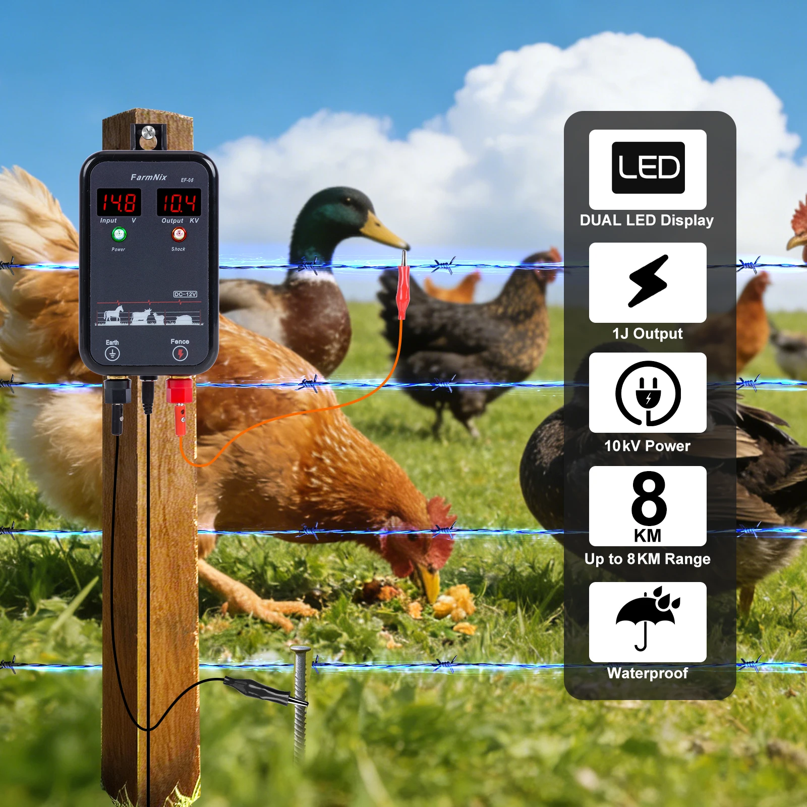 8KM Electric Fence Energizer, Anti-theft High Voltage Pulse Controller for Livestock, Cattle Fencing Farm Equipment