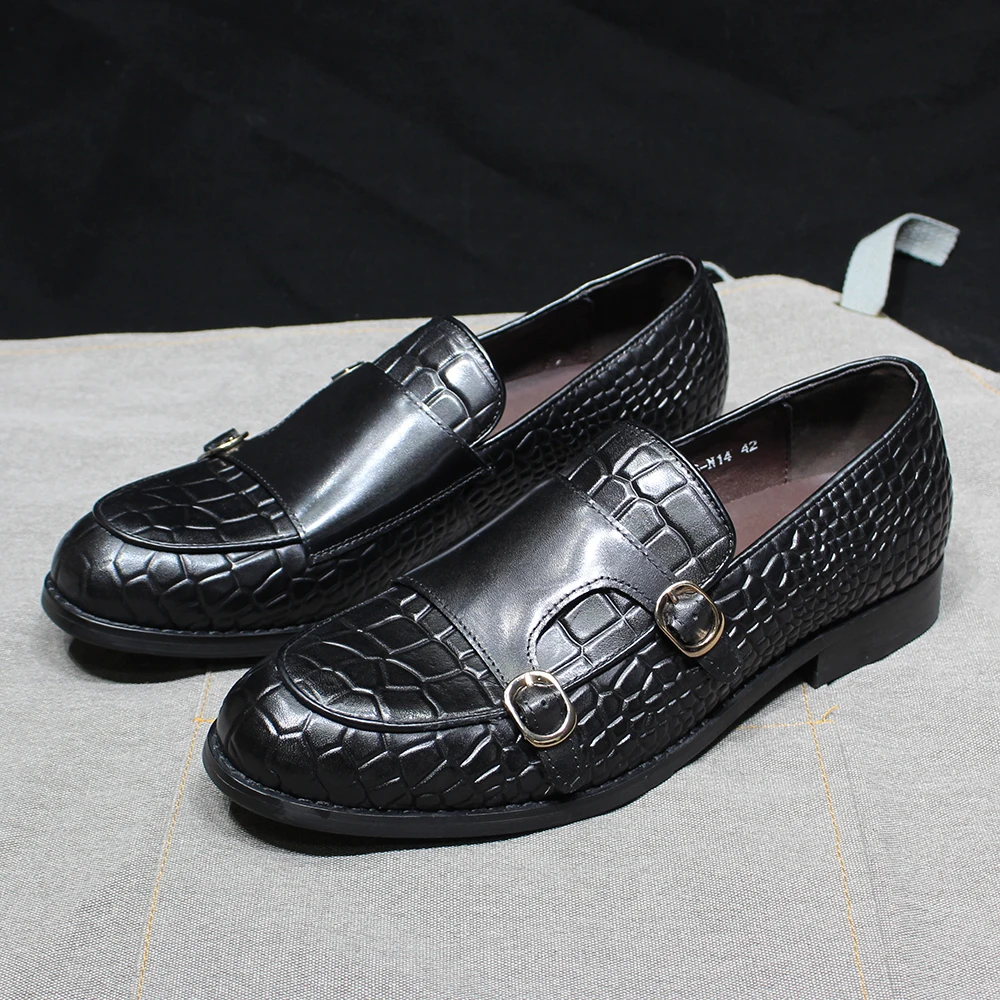 

Classic Alligator Pattern Men's Double Buckle Monk Strap Casual Loafers Cow Leather Slip on Wedding Office Dress Shoes for Men