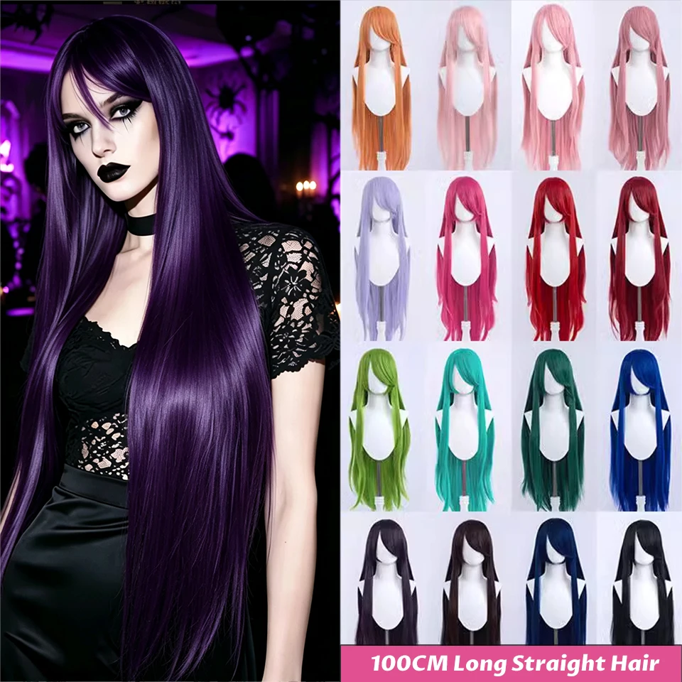 Synthetic 100cm Long Straight Hair Cosplay Wig in Gold Green Yellow Pink Women's Heat-resistant Anime Wig