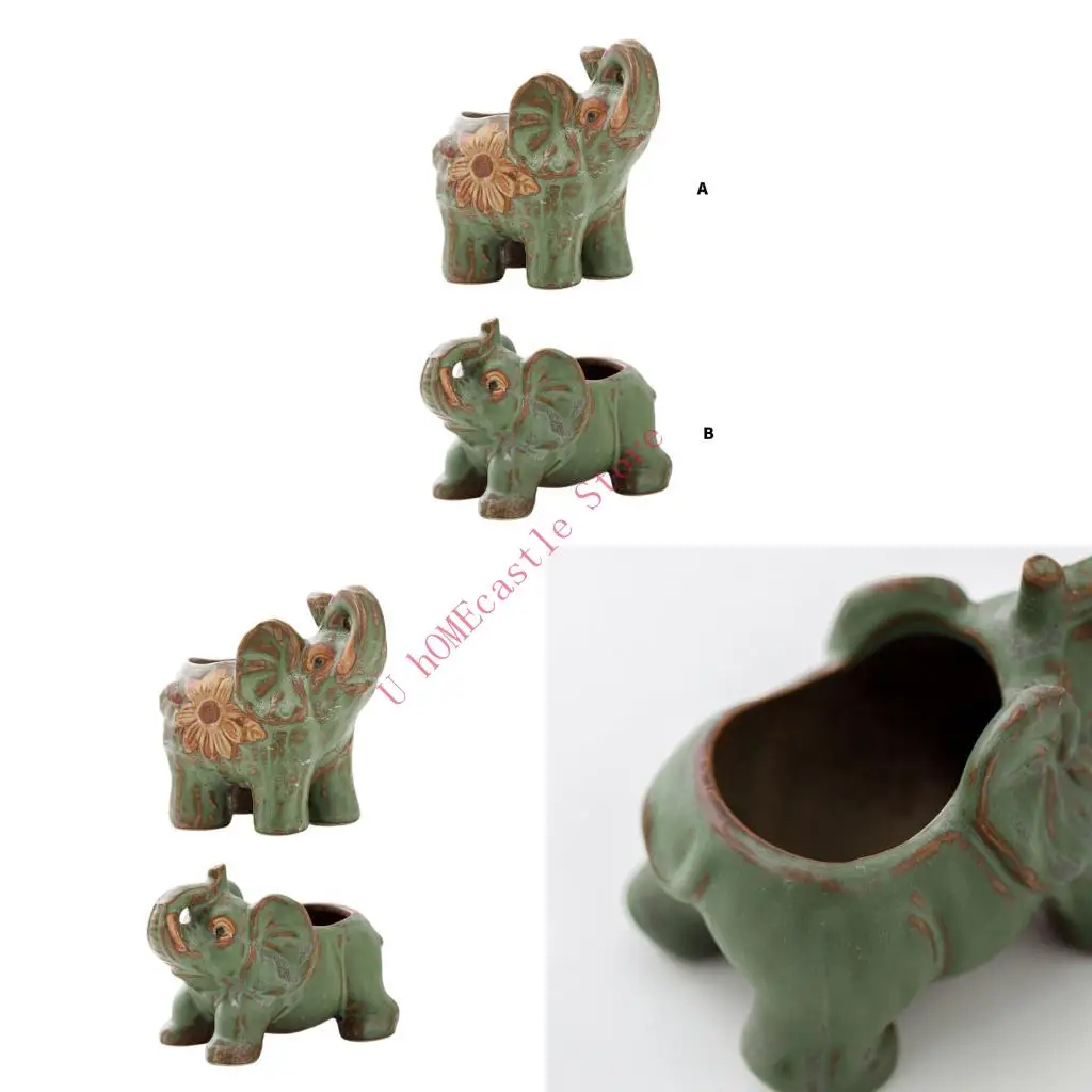 63HF Elephant Themed Ceramic Gardening Pot With Airflows Holes Compacts Elephant