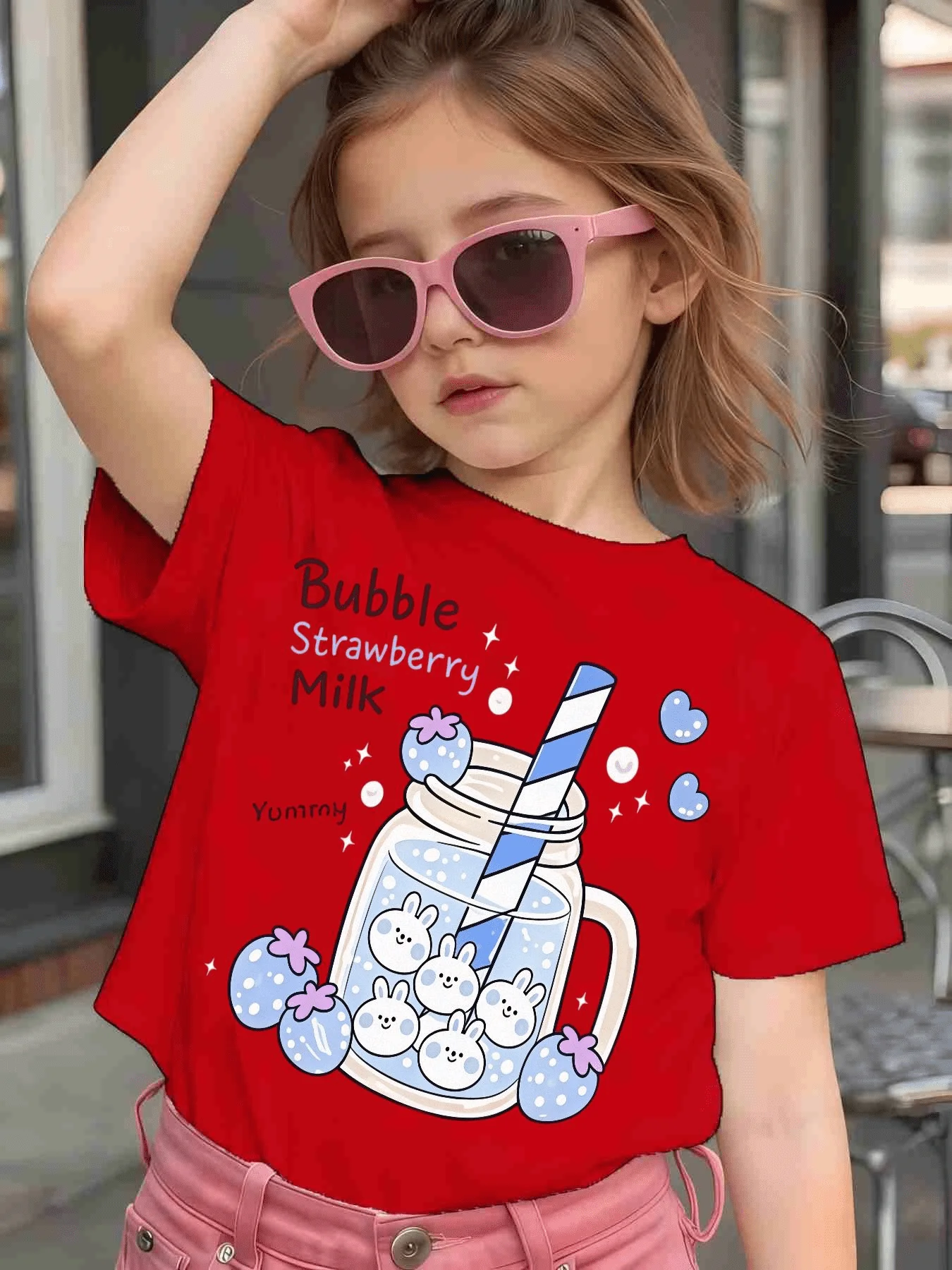 Cute Bubble Milk Bunny Cartoon Graphic Kids Tee Boys Girls Family Matching Cotton Crew Neck Short Sleeve Soft Summer Tee