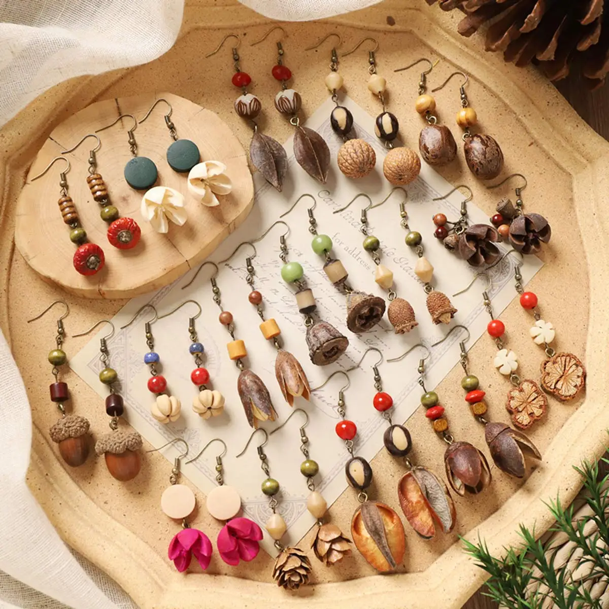 

Retro Women's Earrings Handmade Natural Plant Fruits Dangle Charm Pendant Forest Style Creative Festival Gift for Girlfriend