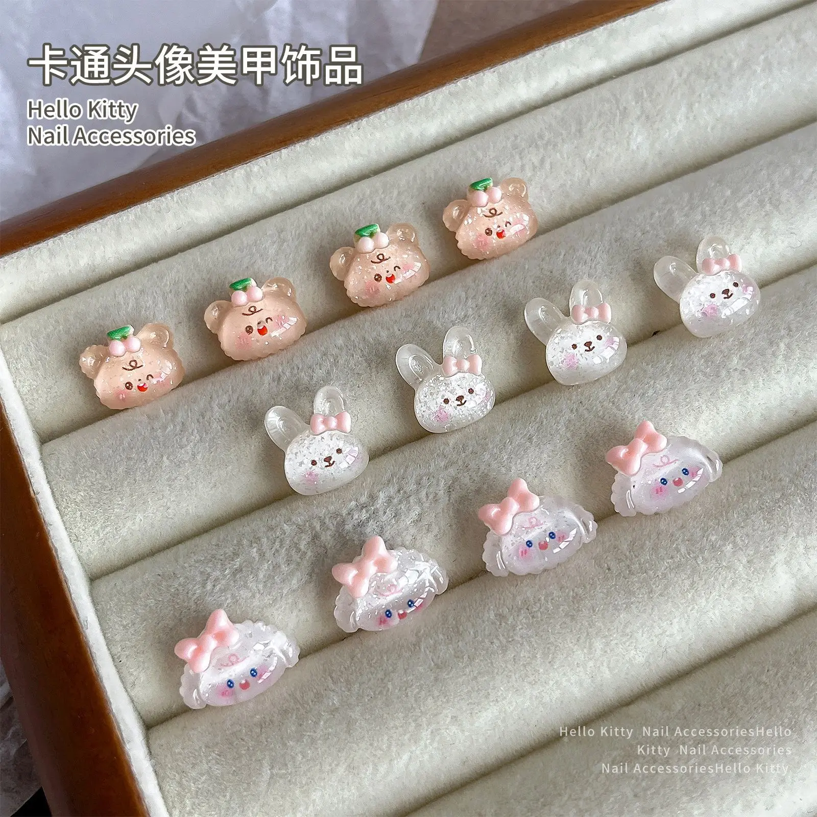 10pcs Kawaii Mini Cartoon Avatar Nails Accessories Cute Bear Bow Rabbit Resin Nail Charms Transparent Parts Nail Deco Supplies