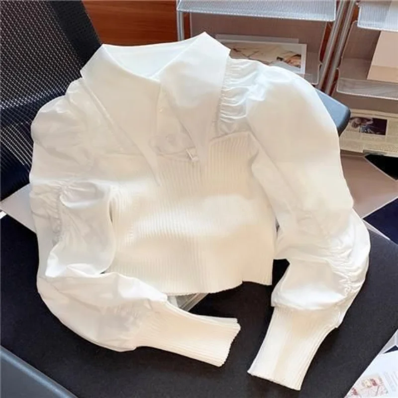 Loose Turn Down Collar Blouse Women White Knitwear Tops Patchwork Blusas Mujer Wild Camisas 2024 Spring Shirt Chic