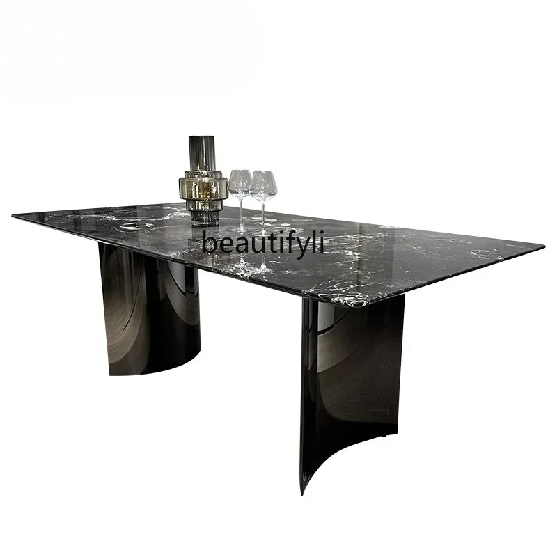 

Imported natural marble dining table Italian light luxury high-end villa designer luxury stone rectangular dining tableHY