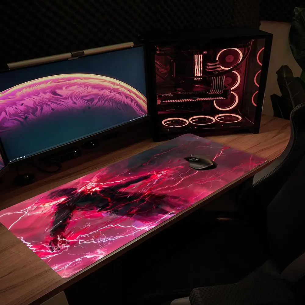 XXL Large Gaming Mouse Pad Red Black Fluid Samurai Lightning Game Character Print Anti Slip Rubber Desk Mat For PC Laptop Gamers