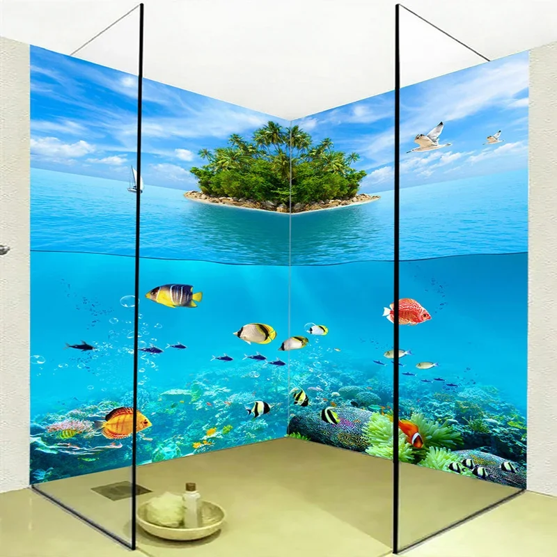 

Custom Self-adhesive Bathroom Mural Wallpaper 3D Cartoon Sea Scenery Bathroom Background Wall Sticker Papel De Parede 3D