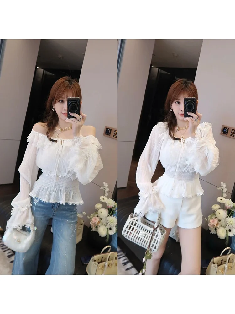 

Элегантная романтическая белая женская рубашка с кружевной отделкой, облегающая, с открытыми плечами, приталенная, летний топ во французском стиле, блузка с длинными рукавами