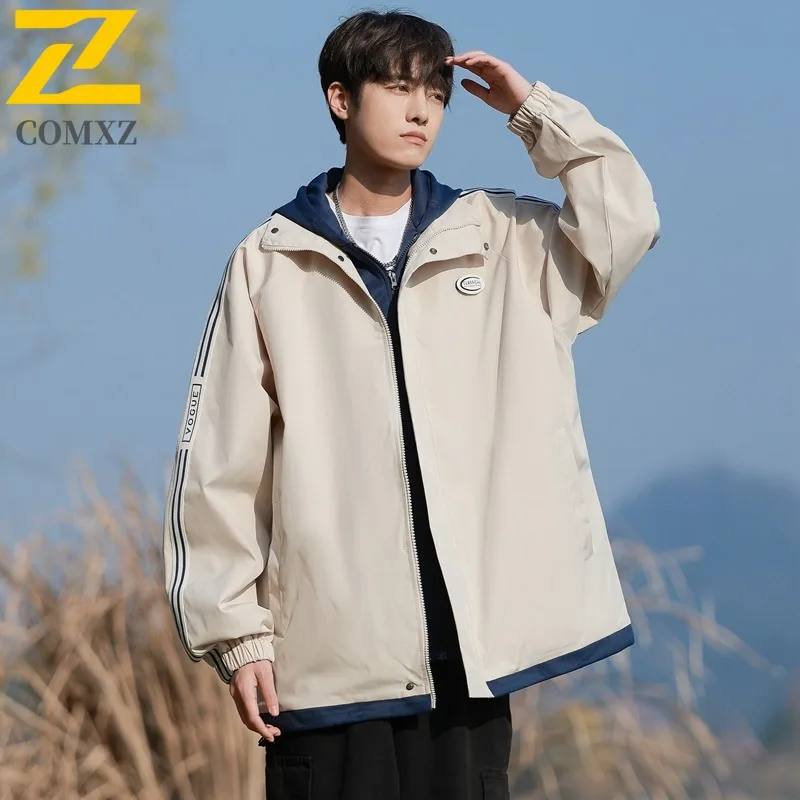 

COMXZ Men Jacket Loose Classic Outdoor Adventure Climbing Sport Cycling Gorpcore Windbreaker Autumn Preppy Jacket with No Hood
