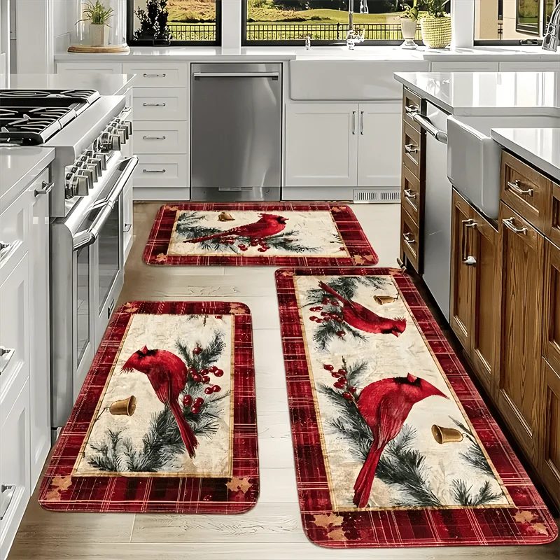 VIKAMA Vintage Christmas Kitchen Rug Set Non Slip Washable Cardinal Bird Pine Berry Plaid Border Mat Holiday Decor