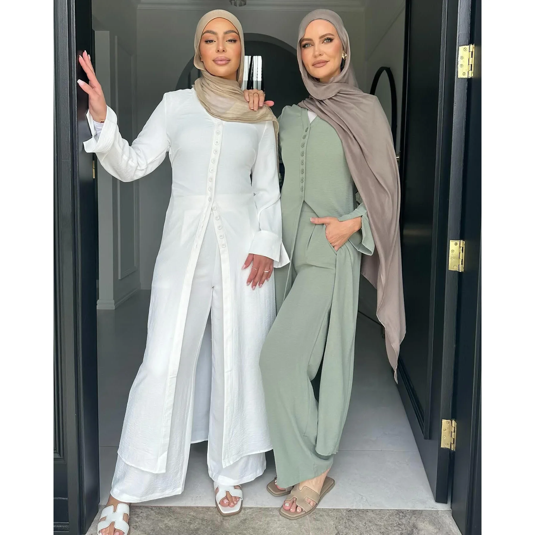 New Women's Button Evening Dress Two Piece Set Muslim Long Tops Pants Abaya Dubai Kaftan Turkey Outfits Ramadan Islam Clothing