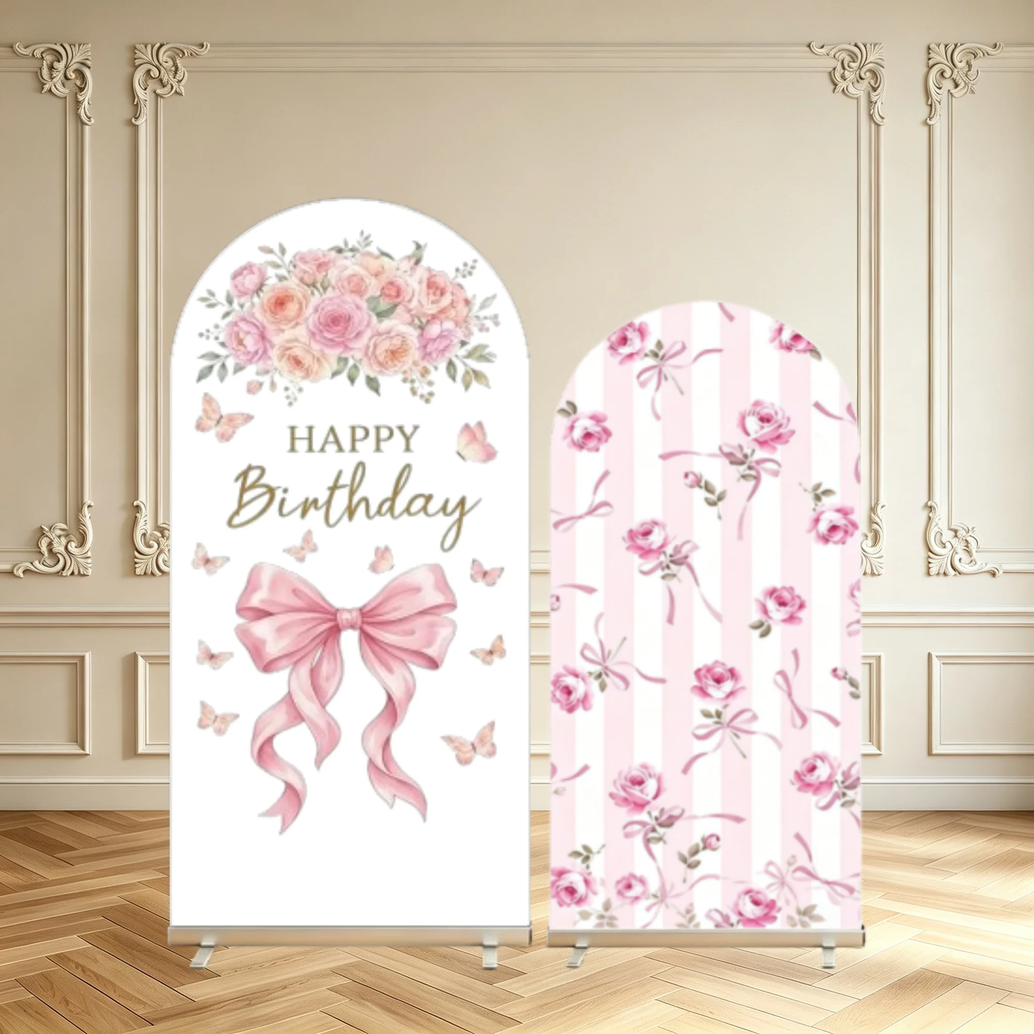 Watercolor Pink Rose Arch Backdrop Cover Butterfly Bow Floral Striped Girls Birthday Decoration Baby Shower Party Arch Covers