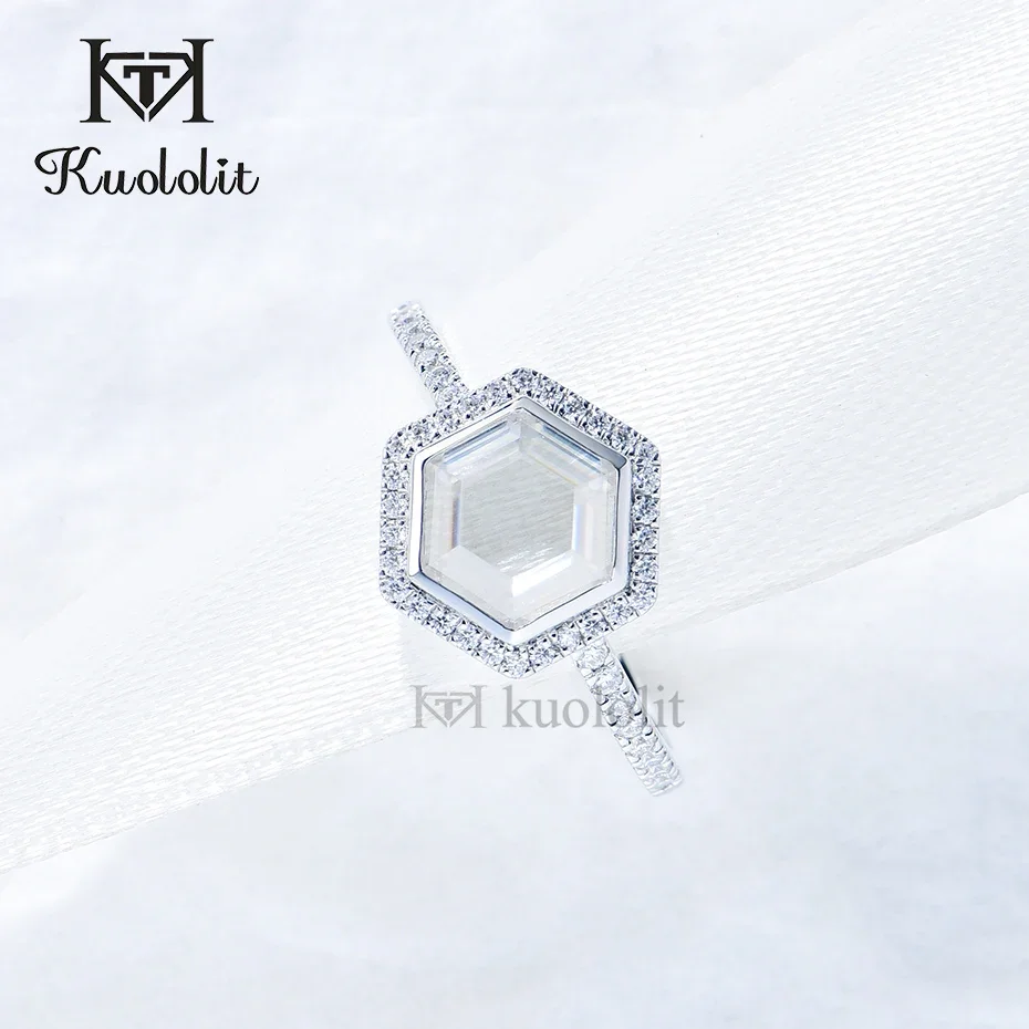 Kuololit Hexagon Portrait Moissanite Ring for Women Solid 18K 14K Yellow White Gold Unique Lozenge Ring for Engagement Christmas