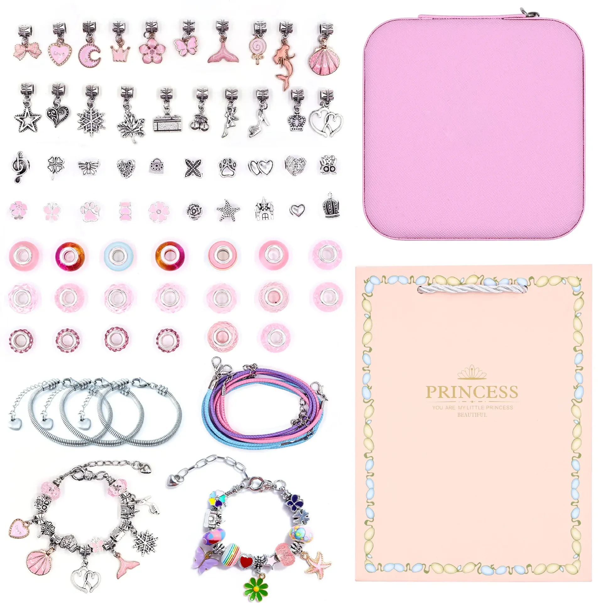 1 conjunto de pulseiras de contas requintadas, acessórios diy de contas de meninas, conjunto de materiais de caixa de presente infantil, acessórios de pulseira, contas