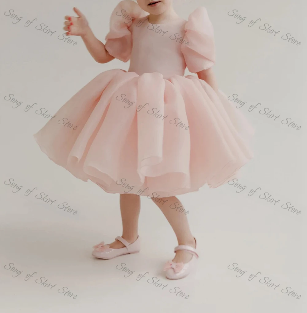 Vestidos de princesa rosas bonitos personalizados, vestido sencillo con cuello redondo, corte en A, manga corta, Organza, flor, encantador, cumpleaños para niños