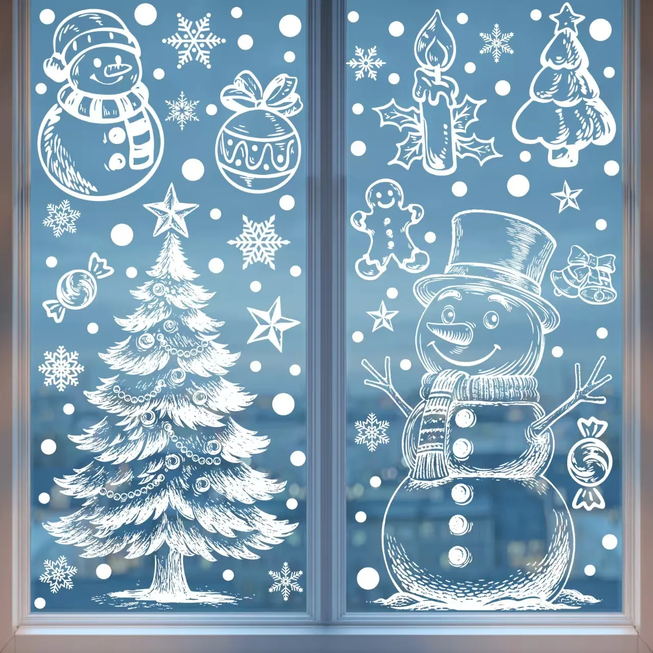 1/2 Blatt statisch haftende Fensteraufkleber – wiederverwendbarer moderner Winterschneemann aus PVC, Lebkuchenmänner, Schneeflocken, Bäume, Herzen und Luftballons