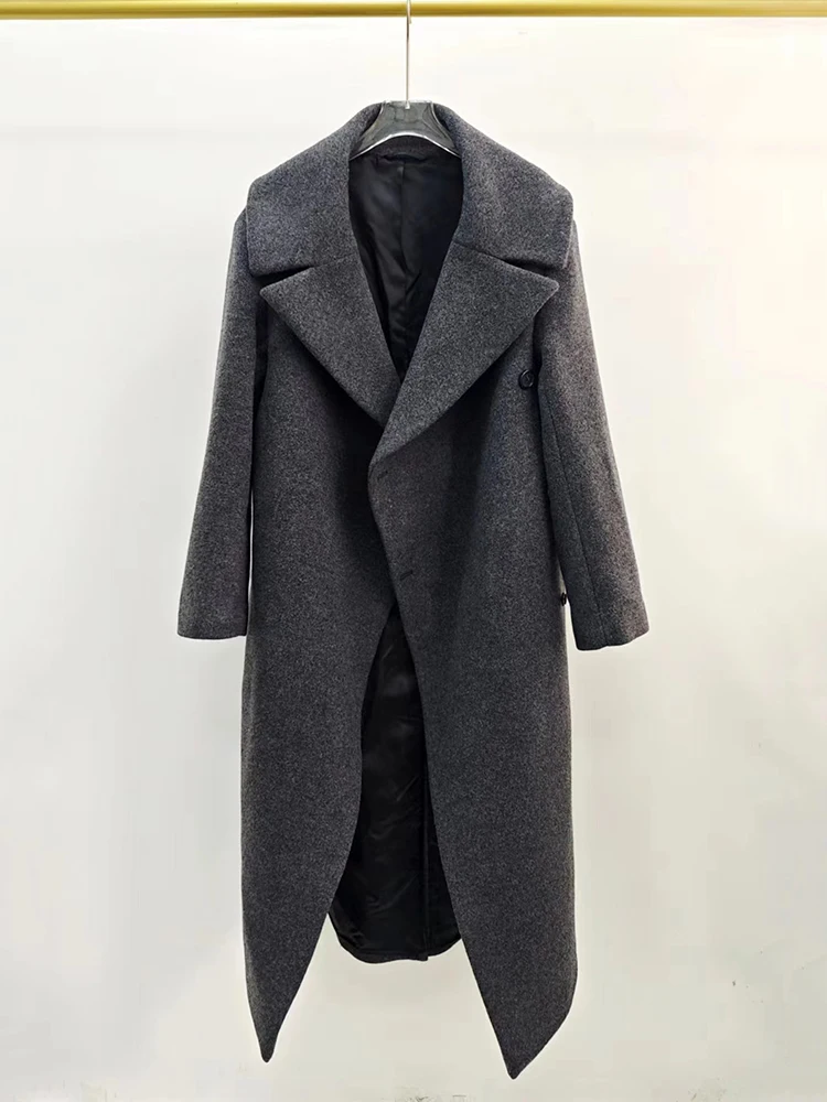 Women's wool blend coat, new autumn/winter 2026 style, dark gray wrap-style open collar coat.