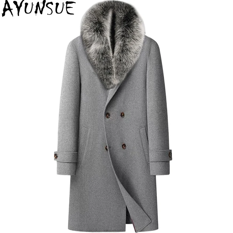 

AYUNSUE 73,6% шерстяное пальто мужская зимняя двубортная шерстяная куртка мужская одежда с воротником из лисьего меха свободные длинные шерстяные пальто куртки