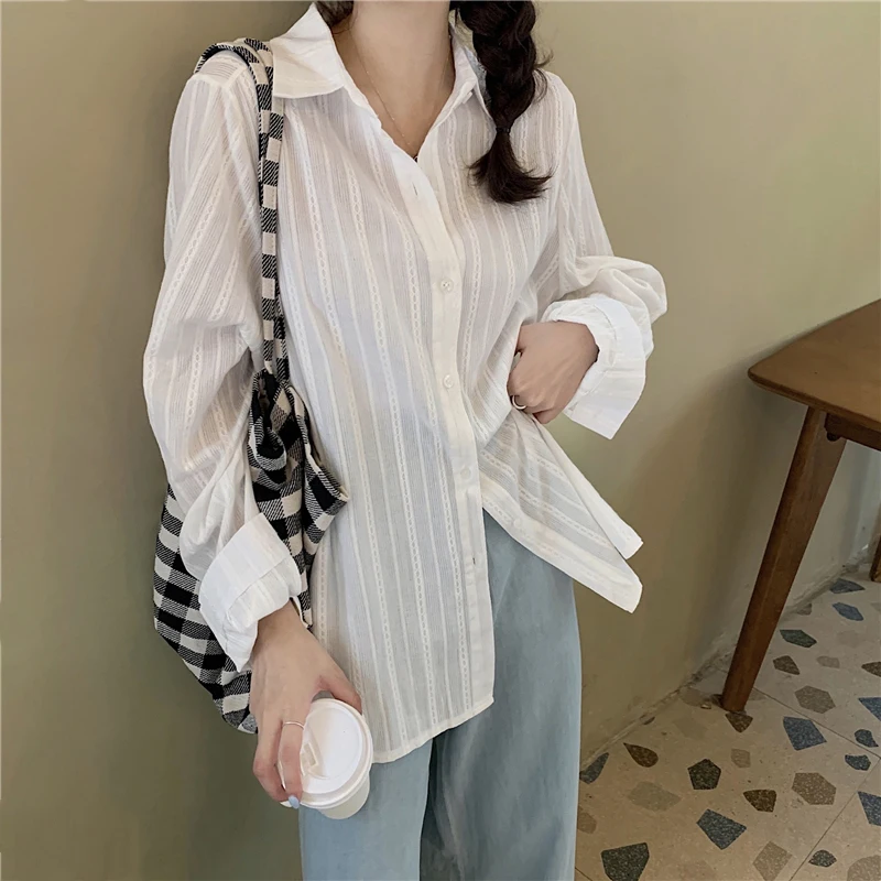 

Ele Simple Single-Button Loose Women's irt Collar Gentle Subtle Stripes Spring 2023 Faion Commute Sle Cotton B...