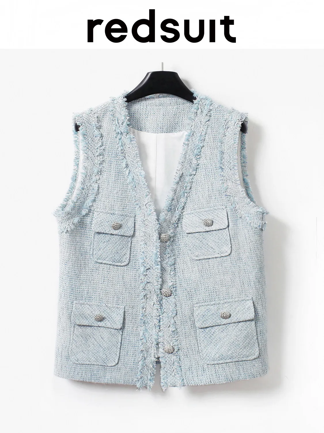 New Thin high-quality silhouette sleeveless vest classic four pocket blue top Custom size