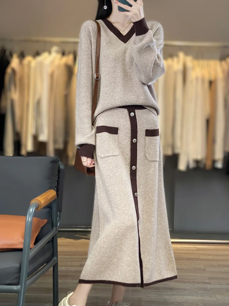 

Korean Loose Women's Two-piece 100% Merino Wool V-neck Jumper + High-waisted Skirt Matching Color Sweater Autumn/Winter Dress