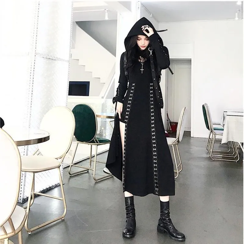 

Diablo Homemade Dark Punk Gothic Dress Women Metal Mesh Red Hook Split High Waist Black Backless Sling Long Dress Cosplay Dress