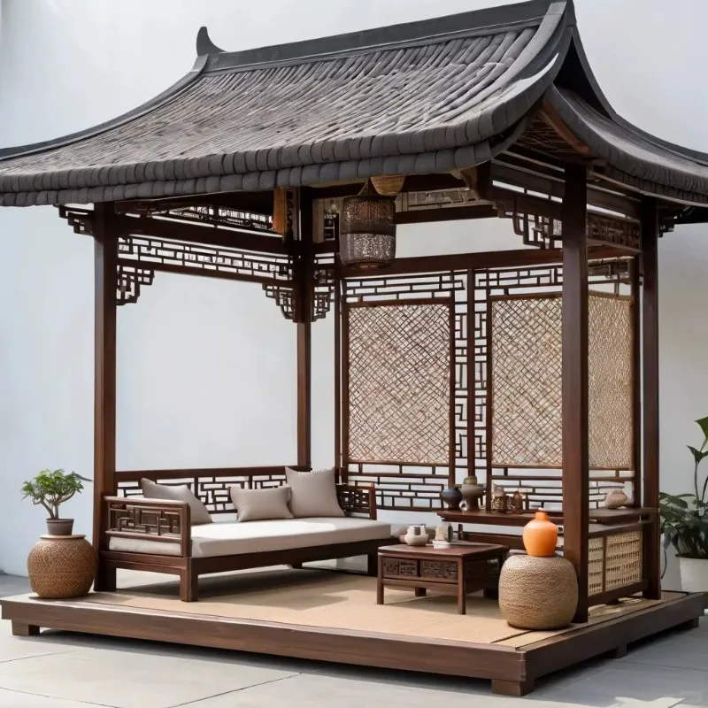 Chinese Style Metal Pavilion Gazebo Faux Wood And Bamboo-Style Metal Oriental Pergola For Garden Patio Or Courtyard