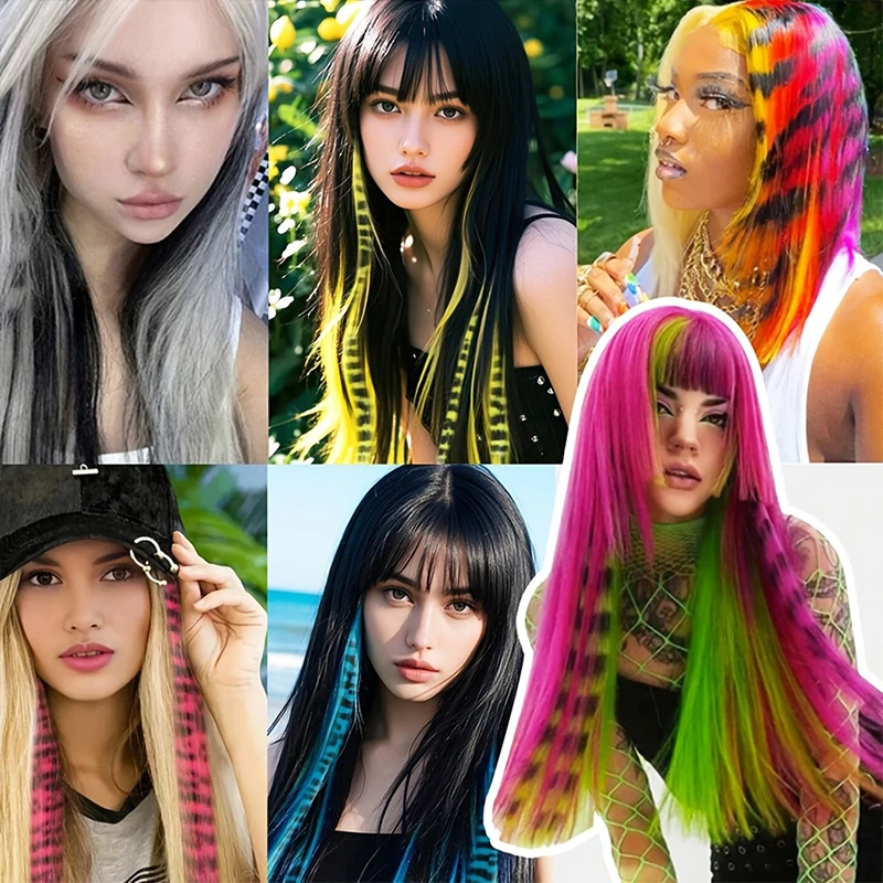 Extensión de Cabello Sintético de Color con Tarjeta, Invisible y Sin Rastros, Estampado de Leopardo, Largo Lacio con Mechón Colgante 6