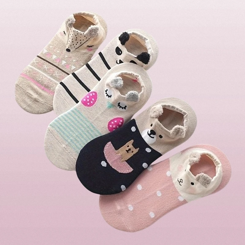 

2024 New Fashion 5/10 Pairs New Socks For Women Short Socks Cute Three-dimensional Cartoon Small Ears Shallow Invisible Socks