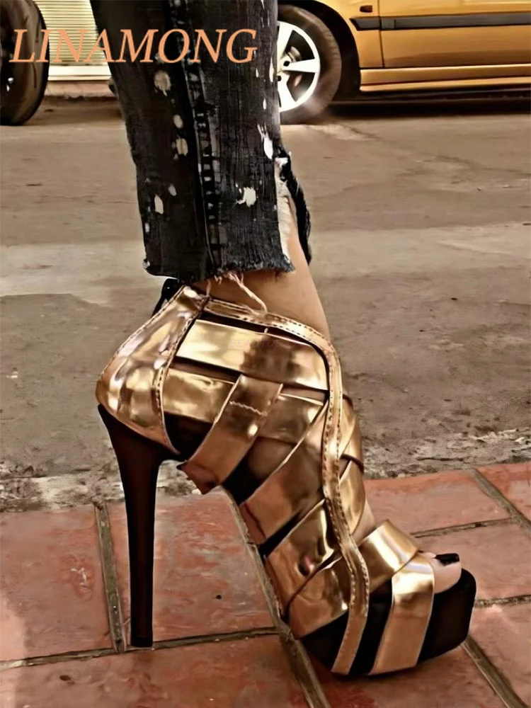 

Golden Shiny Leather Open Toed Hollow Sandals Platform Back Zipper Fashionable Temperament Banquet Party High-Heeled Shoes