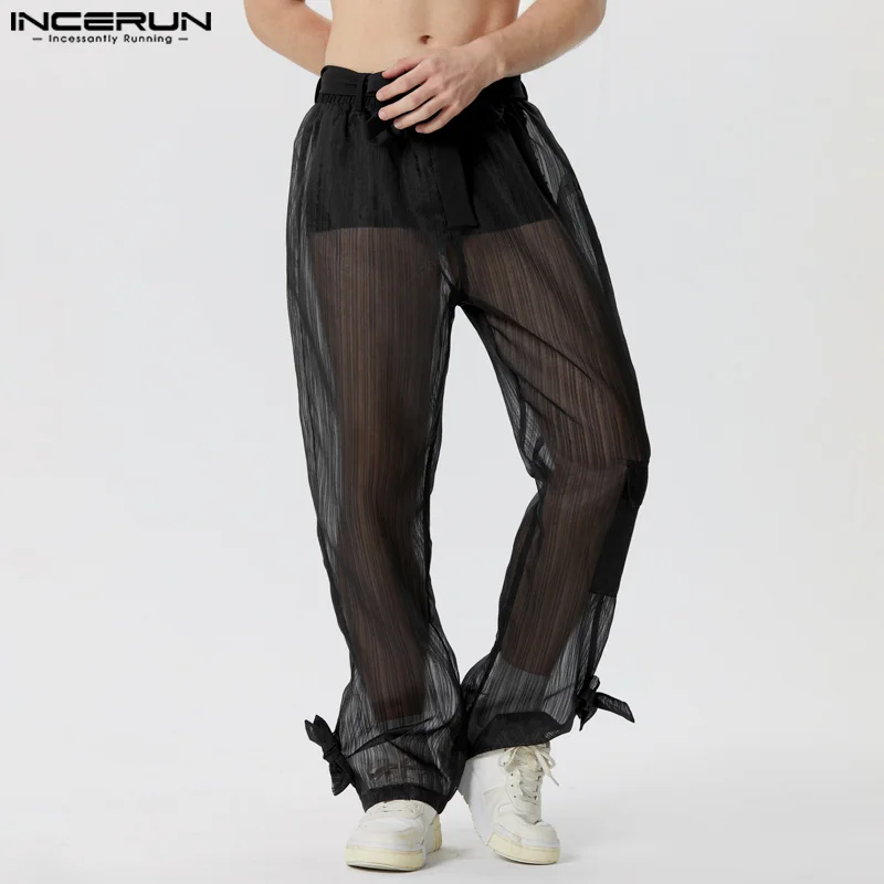 INCERUN Men Pants Mesh Transparent Lace Up Joggers Sexy Striped Casual Trousers Men Streetwear Loose Fashion Long Pants S-5XL