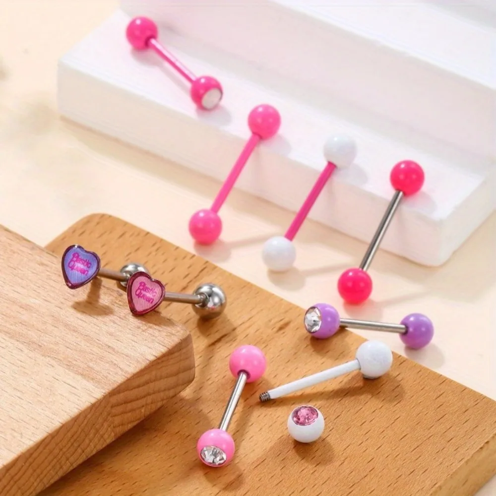 1pc Heart-shaped English Tongue Stud Set with Diamond Pink Heart Heart Double Head Round Ball Dumbbell Tongue Adornment