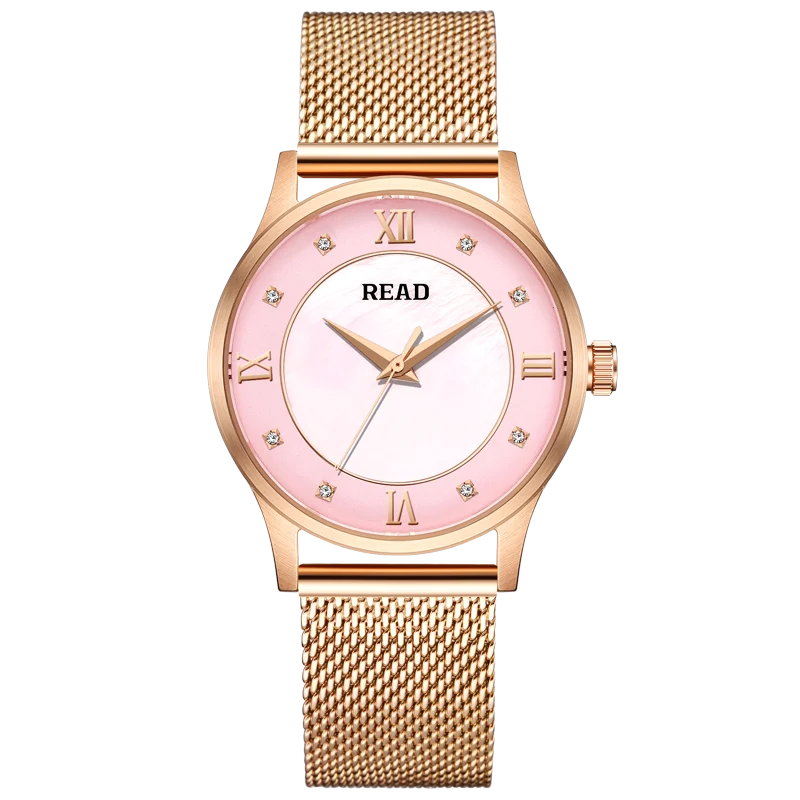 READ Women Quartz Watch | Rose Gold Mesh Strap | Pink Shell Dial With Decor Crystals | High Hardness Glass | 3ATM Waterproof