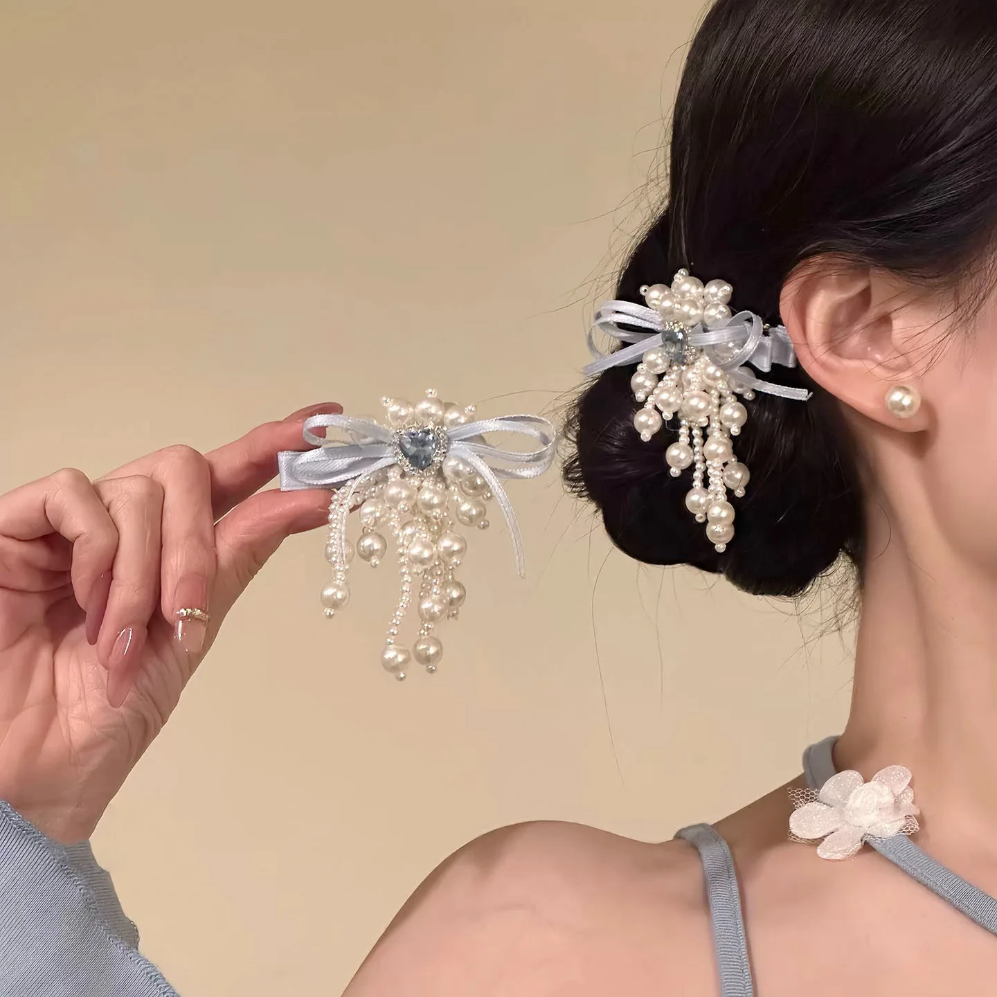 Hair Clips Bow Pearl Tassel Rhinestone Heart Side Clip Women Premium Elegant Pink Versatile Alloy Lightweight Standard Size Cute