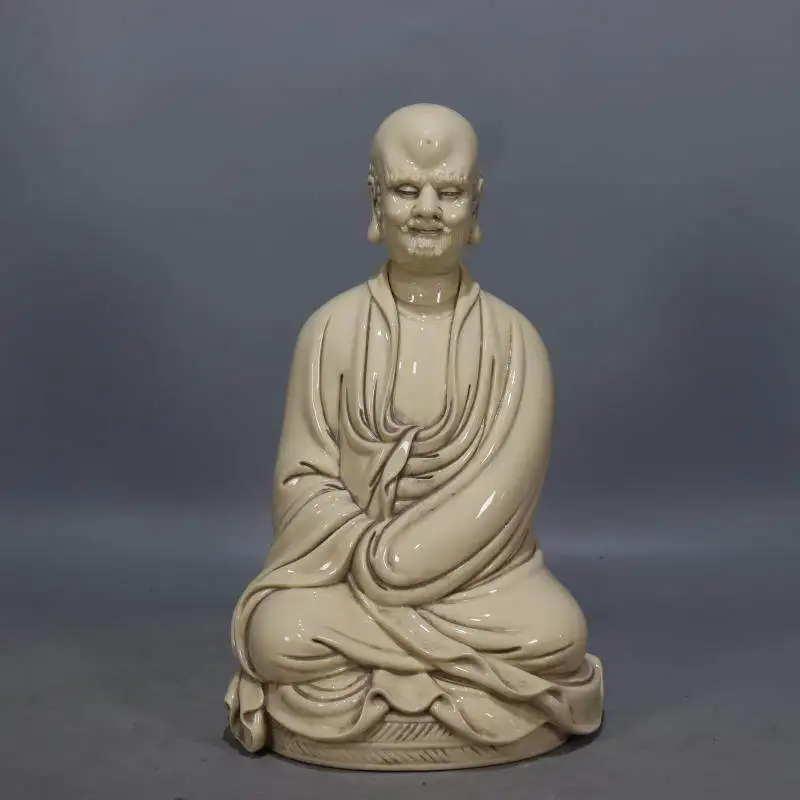 12.5in Ming Dynasty Wanli Dehua Kiln He Chaozong Porcelain Sculpture Dharma Statue Buddhist Figurine Ceramic Antique Collectible