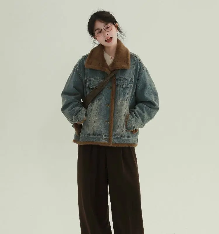 

Denim Coat For Women Dark Fur Plush Womens Fall Buttoned Standneck Panelled Amekaji Campus Outwears Minimalist Softshell Elastic