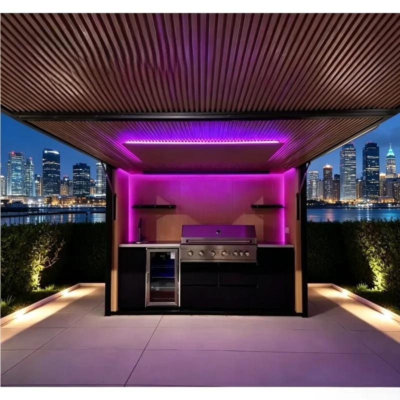 Customized Weatherproof Modular Enclosed Shelter Outdoor Kitchen Pavilion With Built-in Barbecue Grill & Sink