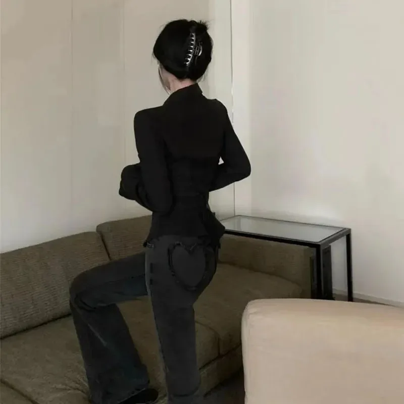 Camicia Bloue bianca nera da donna Moda coreana Tunica sottile Camicette con maniche svasate con lacci sul retro Camicie con colletto rovesciato Top primaverile