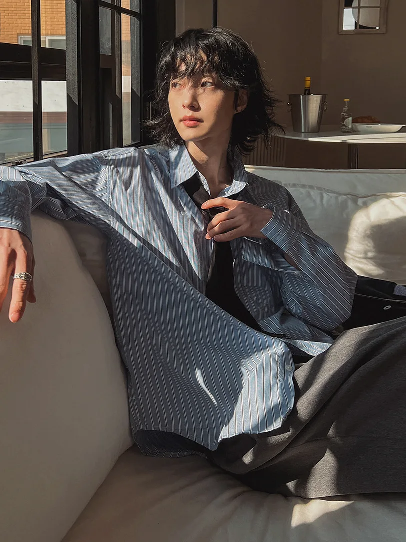 

Loose Casual Striped Long Sve irt Men's Sle Korean Commute Faion Brand Cotton Material Autumn Season Chinese Origin