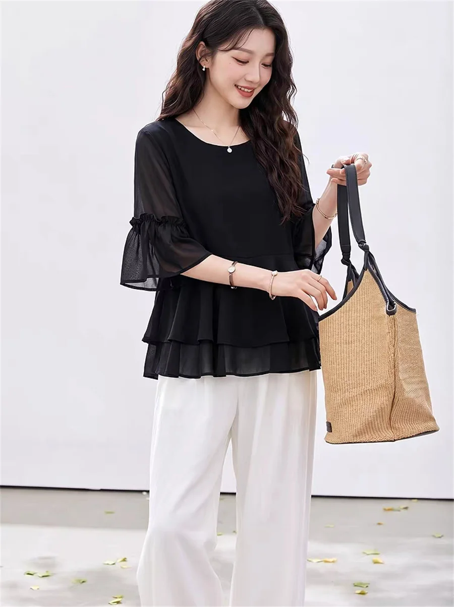 Blusa Elegante Plus Size Feminina de Manga Curta, Túnica Casual de Cor Sólida para o Verão, Uso no Escritório, Blusas para Férias