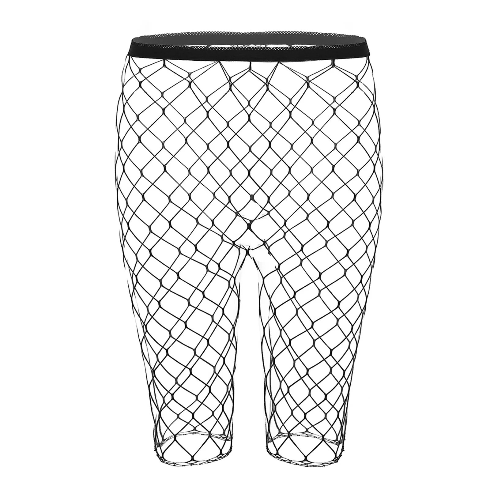 Mens Black Sheer See Through Fishnet Mesh High Waisted Knee Length High Stretchy Legging Half Pants Swimwear Sexy Party Clubwear