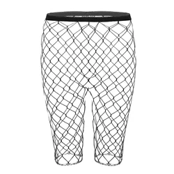 Mens Black Sheer See Through Fishnet Mesh High Waisted Knee Length High Stretchy Legging Half Pants Swimwear Sexy Party Clubwear