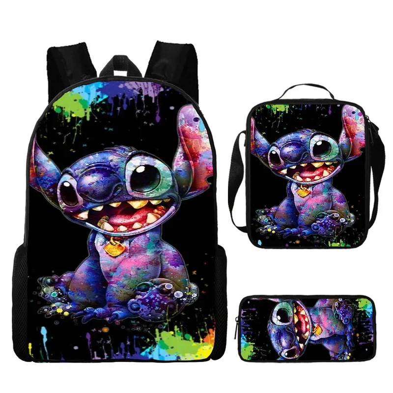 3szt Disney Stitch Plecak Szkoła podstawowa i średnia Tornister Torba na lunch Piórnik Przybory szkolne Wodoodporny plecak